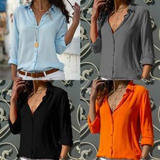 Women Chiffon Casual Button Down Shirt/Blouse Long Sleeve V Neck Tops Casual SML