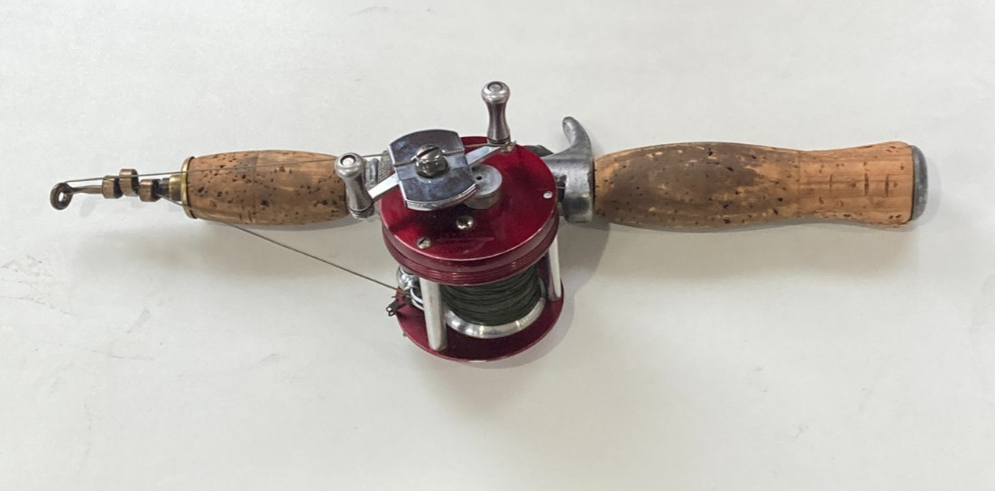 Antique Langley Reel w Copper Telescopic Fishing Rod & Red Bag Exc Condition