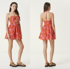 NWT Farm Rio Copacabana Floral Dress L Pink Mini Ruched Halter Fit and Flare