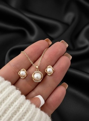 Damen Schmuck Set 3-teilig Knoten Perlen Halskette Anhänger Ohrringe » 