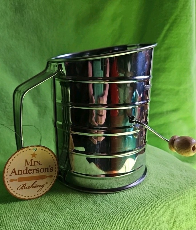 Mrs. Anderson’s Baking Hand Crank Flour Sugar Sifter, Stainless Steel, 3 Cup New