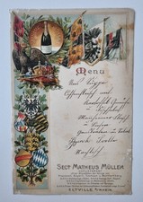 Świetna litograficzna karta menu około 1902 roku - sekt Matheus Müller w Eltville Rhein