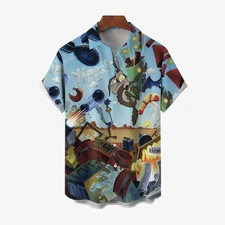Mens Cartoon Character Bad Wolf Print Short Sleeve Shirt 2412002235