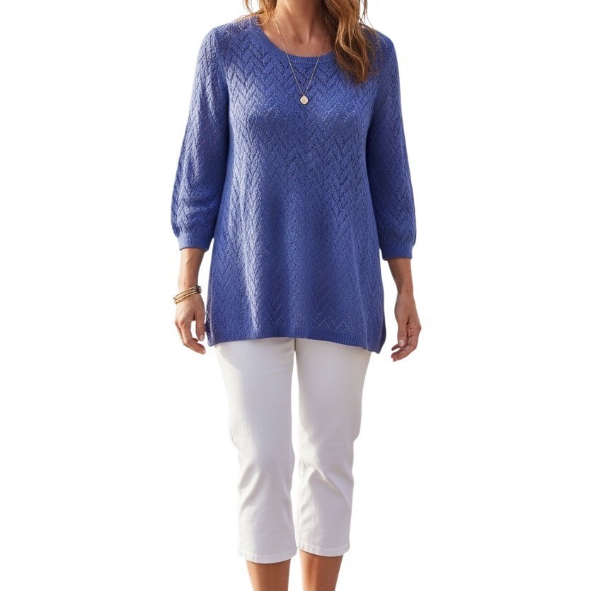Talbots  Blue Chevron Pointelle Cotton Linen Knit 2X Fisherman Nautical Costal