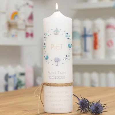 meinkerzenshop® Taufkerze mit Designdruck PIET für Junge und Mädchen