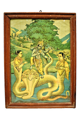 Vintage Kaliya Mardan Raja Ravi Varma Druckgrafik Rahmung 15 X 11'' Alt