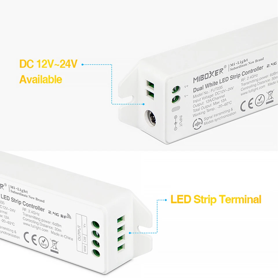 Contrôleur LED Sans Fil 2.4G FUT035 CCT / Tunable White 12-24V 2 Canaux - Photo 4/4