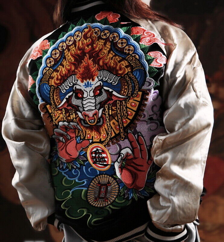 Mens Sukajan Souvenir Jacket Reversible Japanese Pattern Embroidery Bomber  Coat