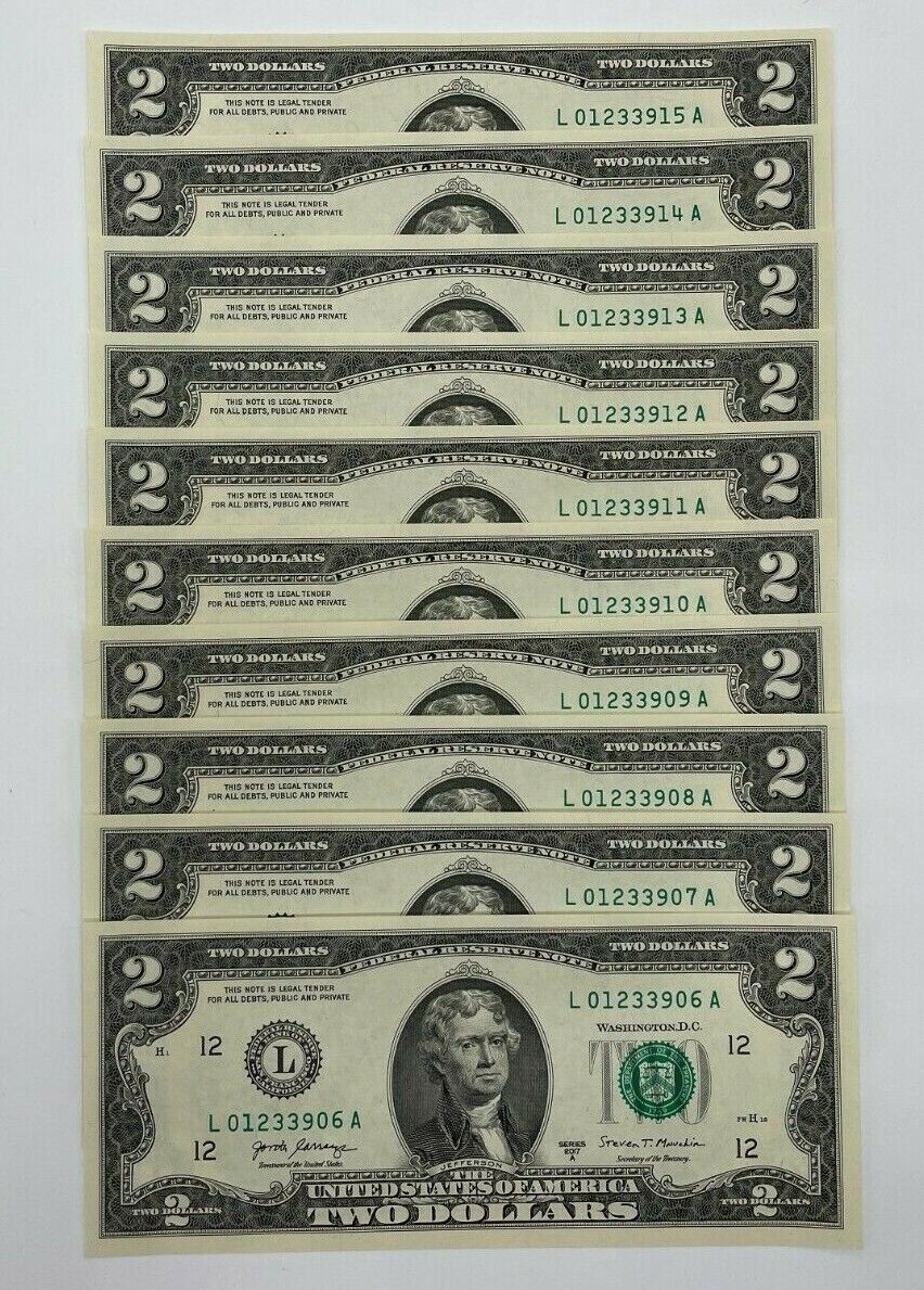 10 NEW 2017A CRISP $2 Two Bills Uncirculated Sequential Notes (lot of 10)