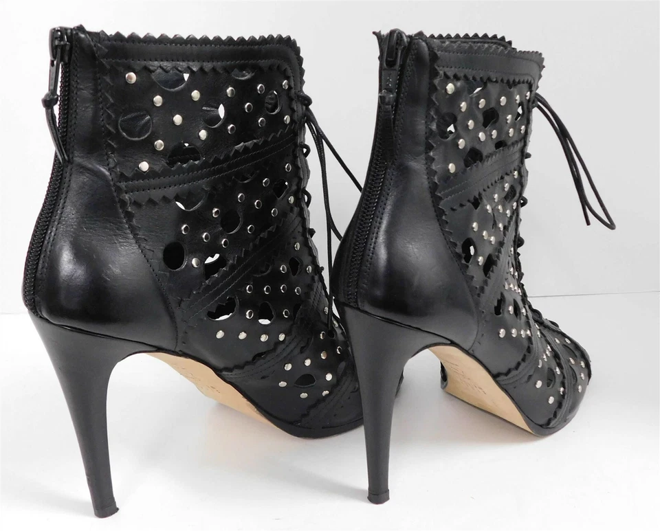 Ботинки Stuart Weitzman черная кожа серебристые с заклепками на шнуровке с открытым носком 9,5 M - Изображение 4 из 4