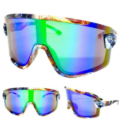 Oversized RETRO SPORTY WRAP Shield Cycling SUN GLASSES Large Big Graffiti Frame