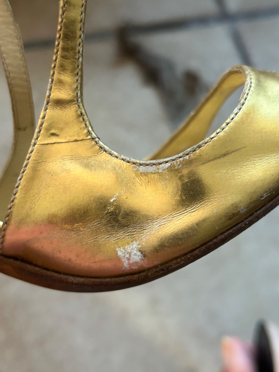 Jimmy Choo $985 Lang Gold Patent Leather Metallic Strappy