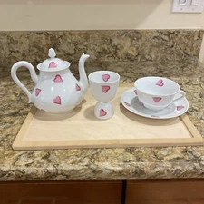 D. Porthault Limoges Les Coeurs Pink Hearts Porcelain Teapot Lid Egg Cup Saucer