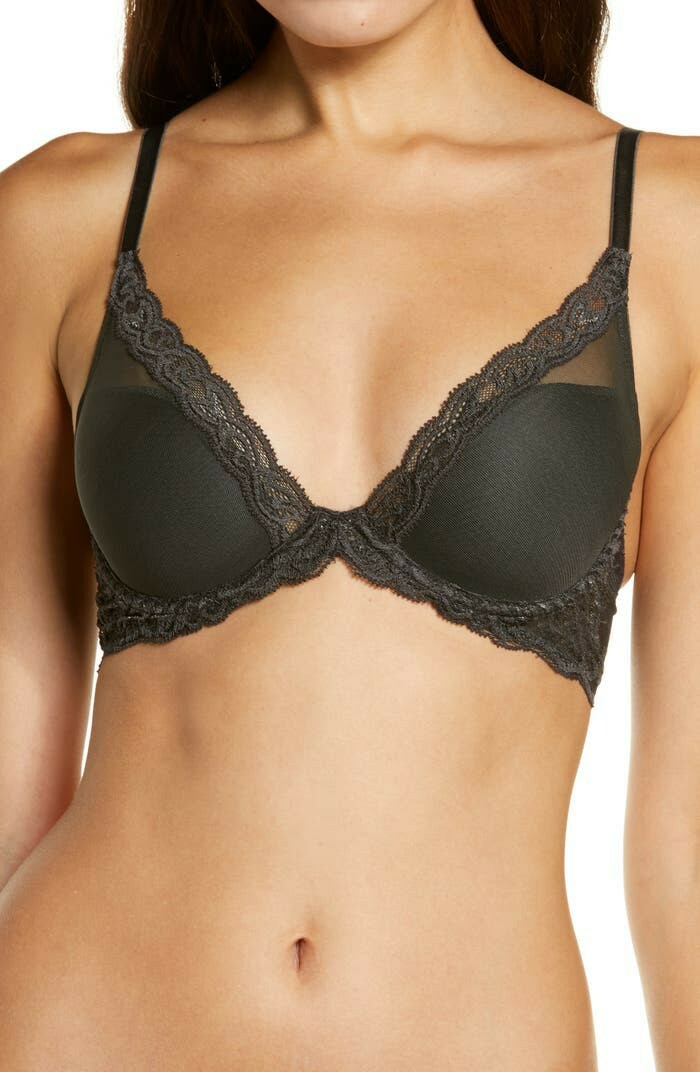 Natori Feathers Underwire Lace Plunge Bra in Coal Size 34G DDDD