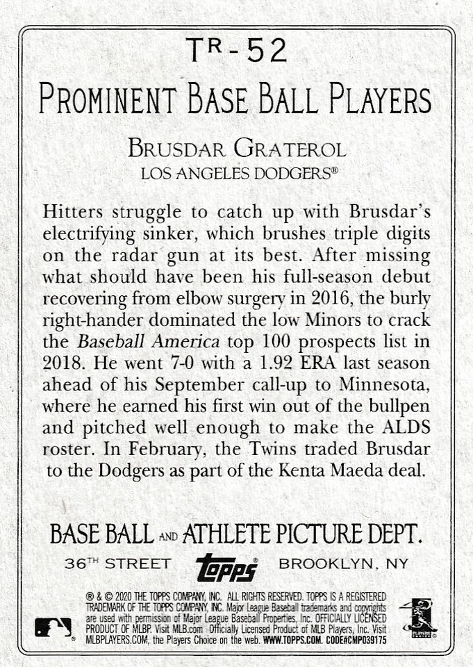 2020 TOPPS SERIES 2 RC BRUSDAR GRATEROL DODGERS TURKEY RED PROMINENT C5320 - Image 2 of 2