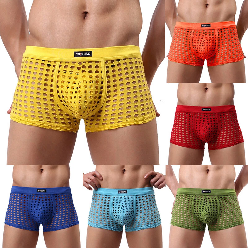 Men's Mesh Net Boxer Briefs Underwear Breathable Fishnet Bikini Thongs  Shorts !