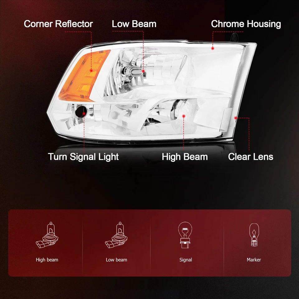 For 2009-2010 Dodge Ram 1500 Replacement Headlights Assembly Driver+Passenger - Image 3 of 4