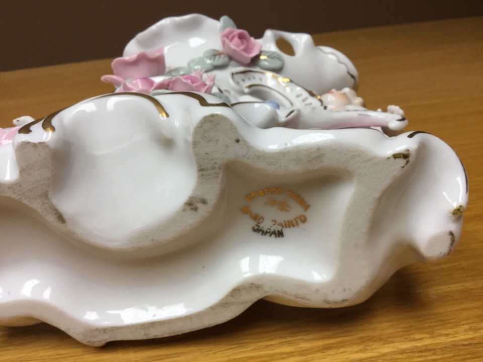 Vintage UCAGCO Ceramics Japan Winged Cherubs Roses Vase Excellent