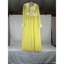 Vintage Yellow Sheer Chiffon Nightgown White Lace Empire Waist Long Sleeve