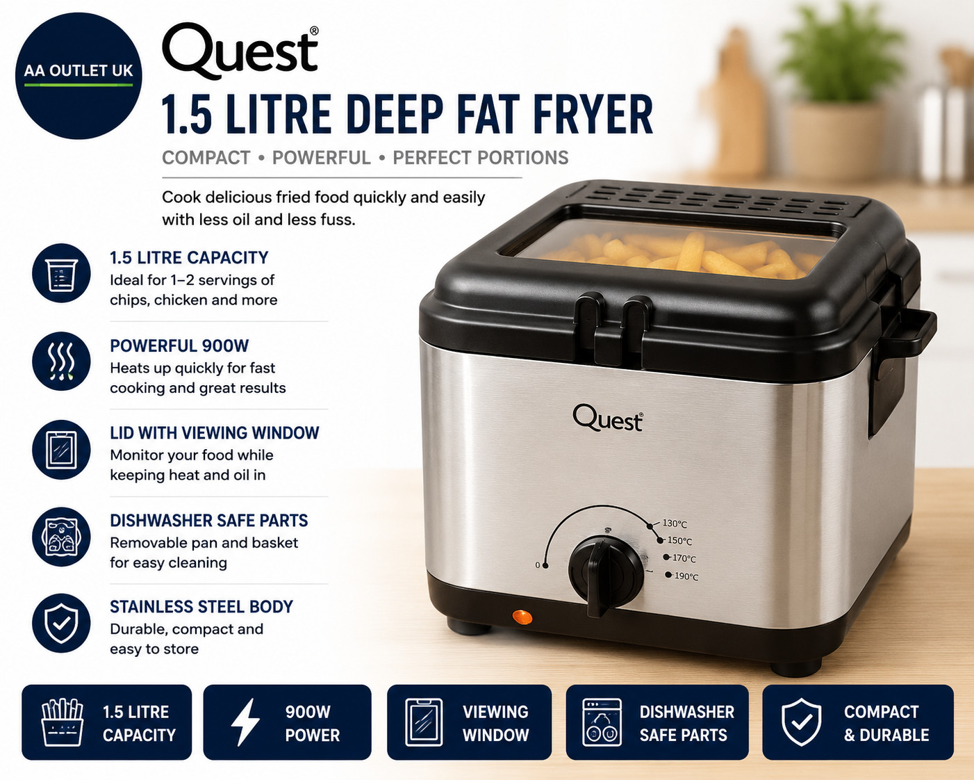 Quest 34250 1.5L Deep Fat Fryer Compact Stainless Steel 900W Secure Lid Cover