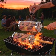 2-Pack Rolling Grill Baskets, 304 Stainless Steel BBQ Basket with Brushes