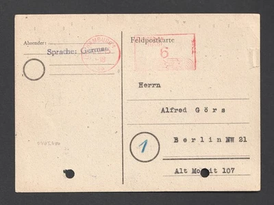 Germany Hamburg 6pf MeterFranking 1945 Feldpost Card. Field Post WWII - Image 1 of 4