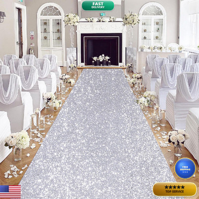 Queendream Silver Aisle Runner 2Ft15Ft Sequin Fabric - Sparkly Carpet Runner