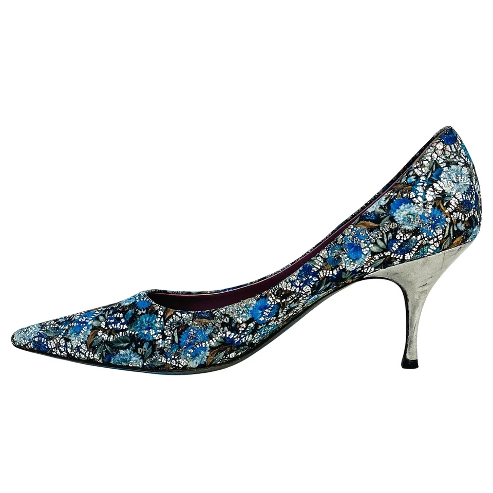Tacones Jean-Michel Cazabat azul y plata tapiz brocado 70 mm EE. UU. 8 UE 38,5 Foto 3 de 4