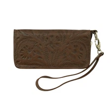 American West Womens Hand Tooled Dark Brown Leather Zip Around Wallet OS