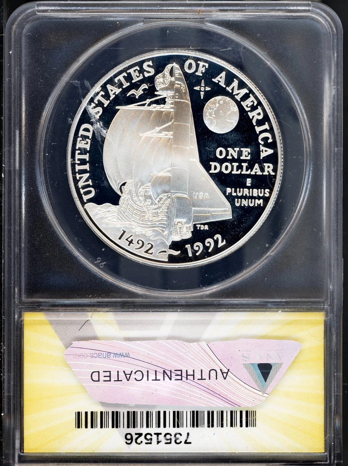 1992-P $1 Silver Columbus Dollar PF67DCAM ANACS # 7351526 + Bonus - Image 2 of 2