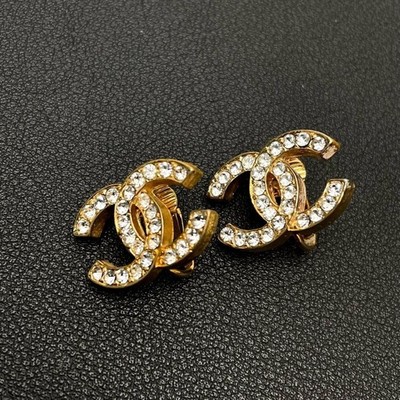 CHANEL Earrings Coco Mark logo Rhinestone Large Accessories Gold