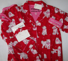 NWT PJ Salvage RED/WHITE DOGS WITH PINK BOWS Cotton Flannel Pajama Set Women's M