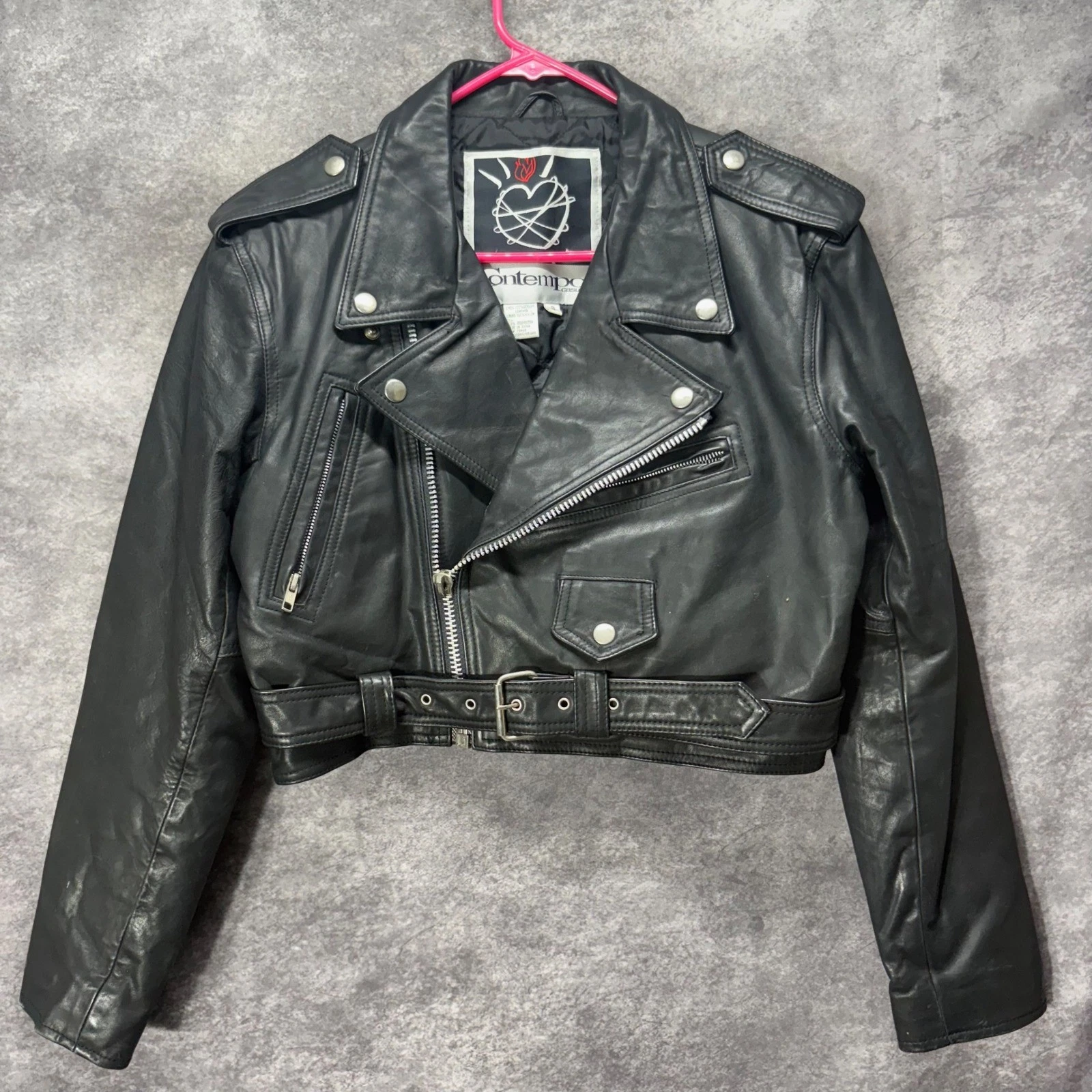 Vintage 90s Contempo Casuals Black Leather Cropped Biker Moto Jacket Asymmetric