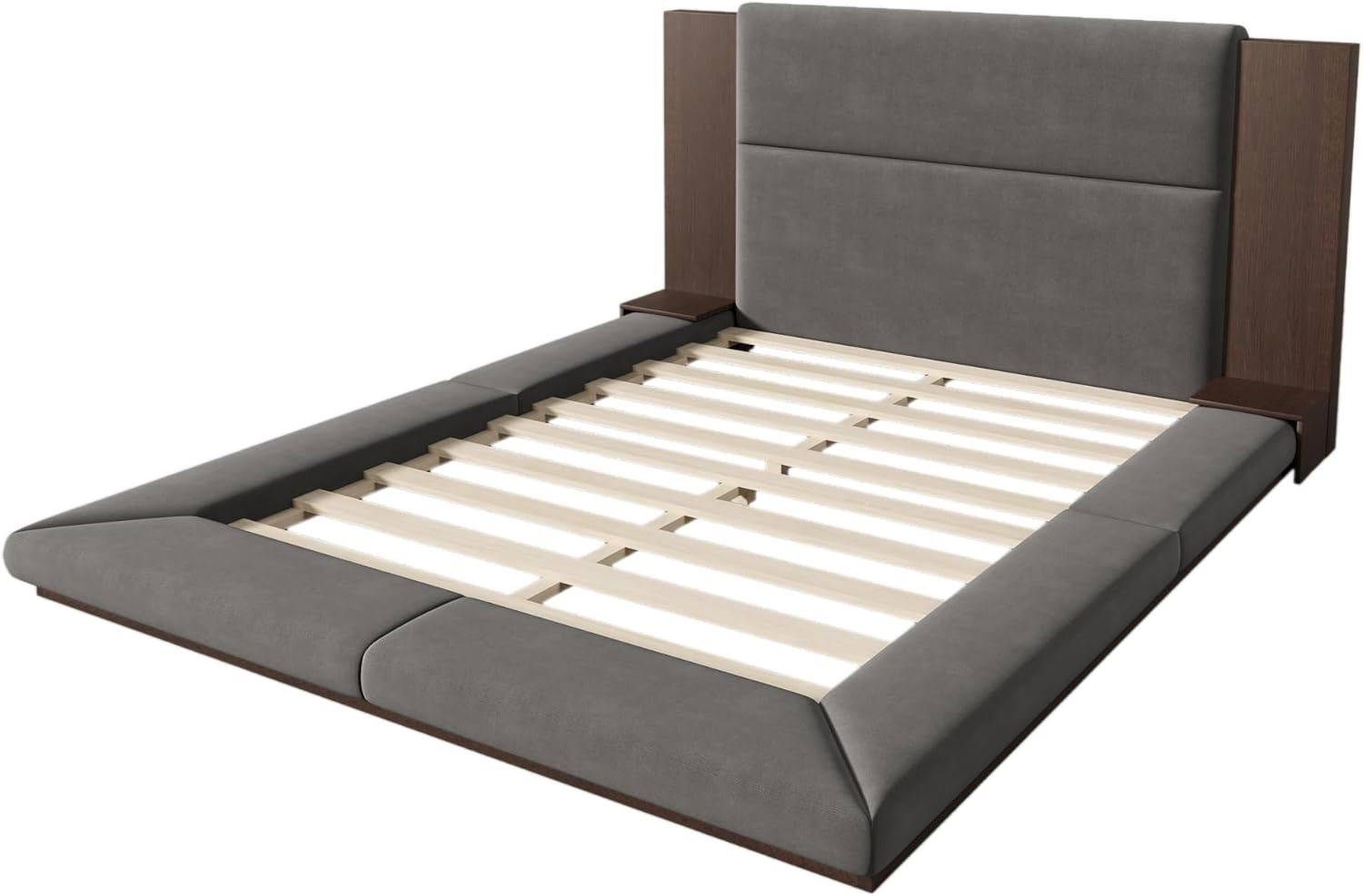 Stylish Gray Queen Upholstered Platform Bed with Headboard & Shelf, No Box Sprin