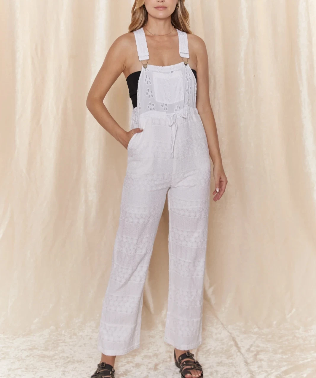 anthropologie RAGA Juhi White Eyelet Cotton Embroidery Tie Waist Overall size S