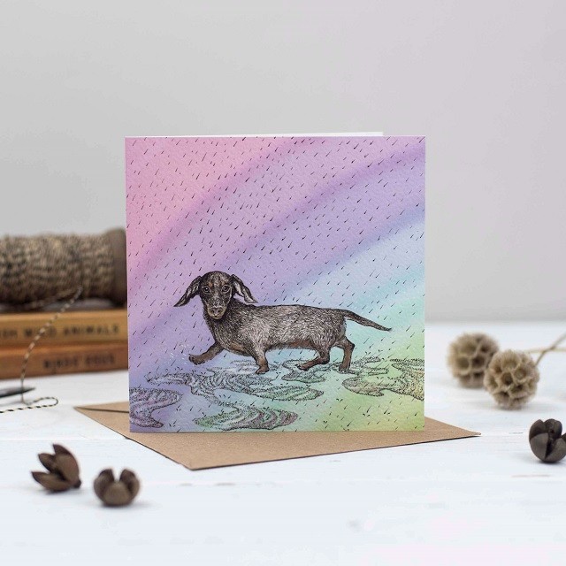 'Dashchund in Puddles' 155mm x 155mm Blank FSC Greeting Card 300gsm and Envelope