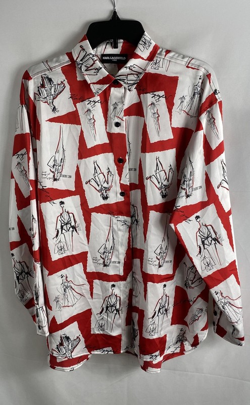 Karl Lagerfeld Paris Women's White Red Fashion Sketch Print Button Up Shirt Sz S