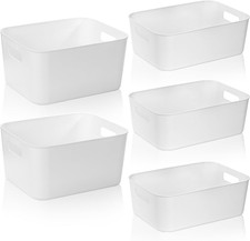 5 Pack White Plastic Storage Bins, Pantry Organization and Storage Baskets with