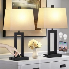 Table Lamp Set of 2 with USB C+A Ports & AC Outlet, Bedside Lamps, Modern Bed...