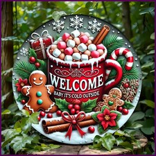 Christmas Themed Iron Wall Art Decor 7.8 Inch Round Metal Sign with Gingerbread