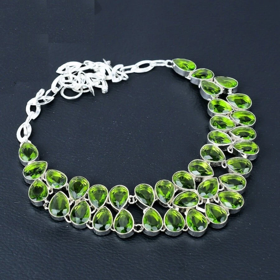 Faceted Peridot Gemstone Handmade 925 Sterling Silver Jewelry Necklace 18" y251 - Image 2 of 4