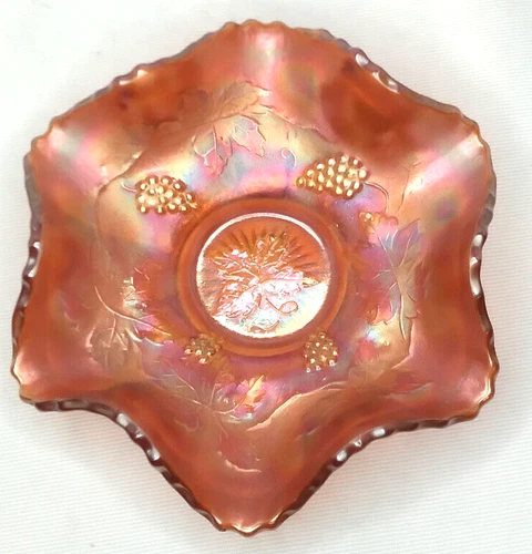 Dugan, Carnival Glass, satin Marigold Golden Grape Ruffled Rim Candy Dish Bowl