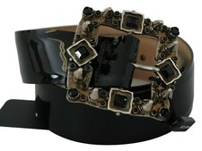 DOLCE & GABBANA Belt Black Shiny Leather Crystal Logo Buckle 65cm/26in RRP $1000