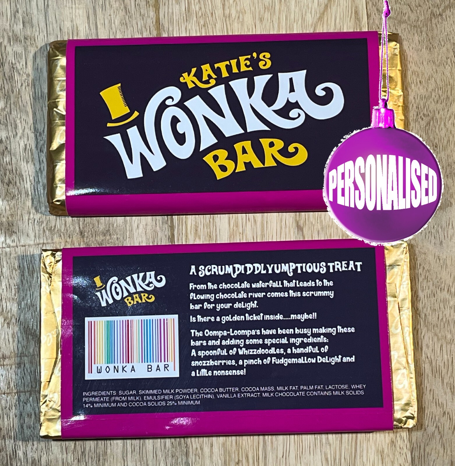 Wonka Bar Personalised 100g chocolate Bar & Novelty Golden Ticket