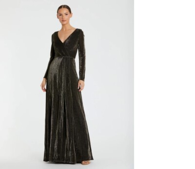 Ieena for Mac Duggal Black Long Sleeve Faux Wrap a Line Maxi Gown in, Size US 2