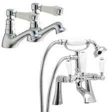 Traditional Basin Taps Pair & Luxury Bath Shower Mixer Set White Ceramic Levers
