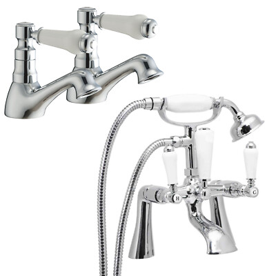 Traditionelle Waschtischarmaturen Paar & Luxus Bad Dusche Mischbatterie Set Weiß Keramik Hebel