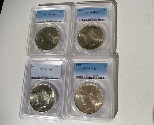 1922  Peace Dollar PCGS Grading Set MS 61 MS 62 MS 63 MS 64 -  Beautiful!