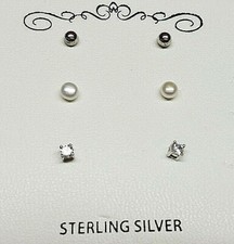 SET of 3 GENUINE 925 STERLING SILVER BALL CZ STUD PEARL SMALL EARRINGS 3-6mm 60
