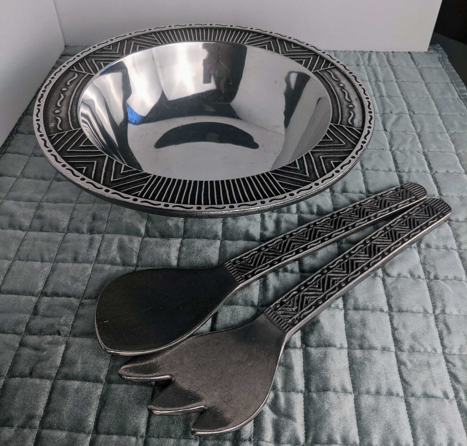 Vintage Wilton Armetale Pewter Salad Bowl, Spoon & Fork Serving Set Rare Pattern eBay